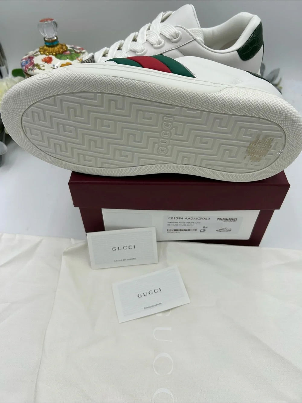 Men's Gucci White Leather ace Sneakers with  web, stripe size 8.5 fits 9.5 US